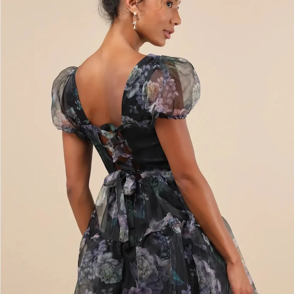 Lulus Exceptional Fate Black Floral Organza Puff Sleeve Mini Dress women’s S - Picture 2 of 9